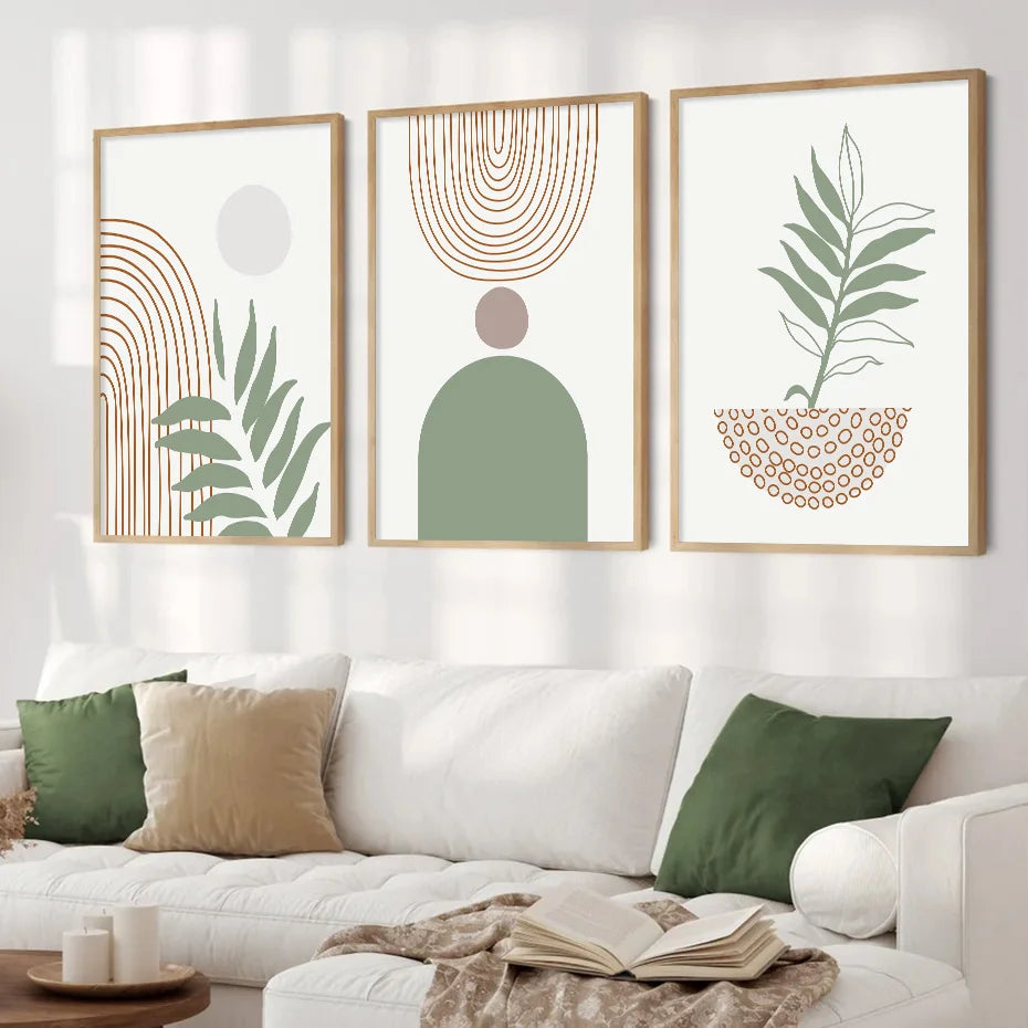 Earthly Ello Boho Abstract Olive Green & Brown Canvas Poster Painting - 3PCS