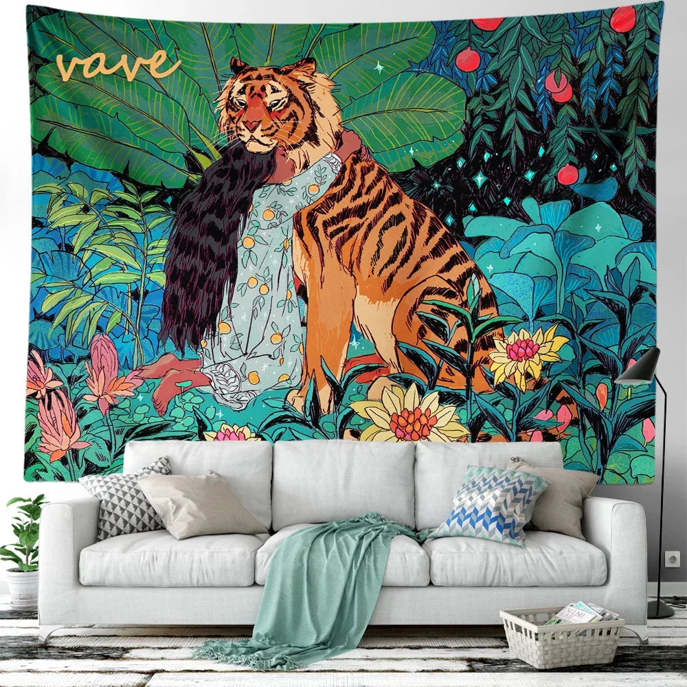 Earthly Ello Hippie Psychedelic Floral Tiger Boho Wall Tapestry