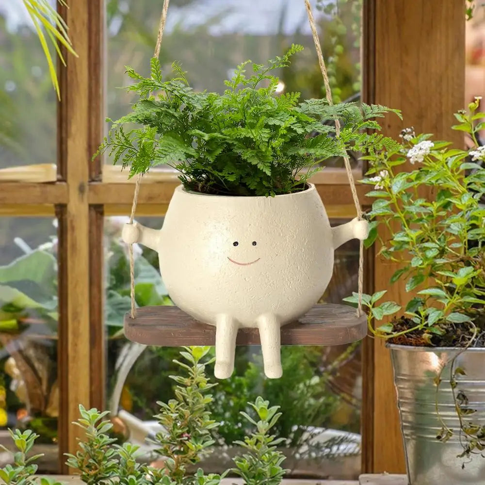 Earthly Ello Swinging Happy Face Hanging Planter Pot