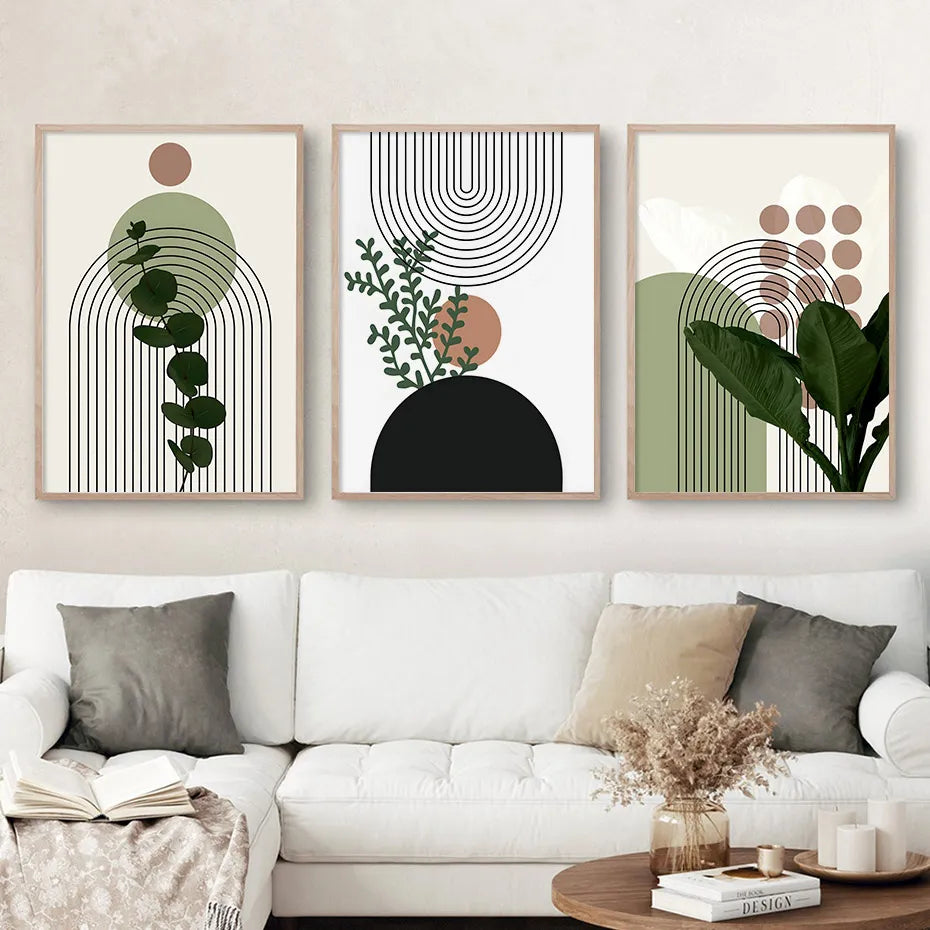 Earthly Ello Boho Abstract Green Plants Leaf Sun Wall Art Canvas Poster Prints - 3pcs