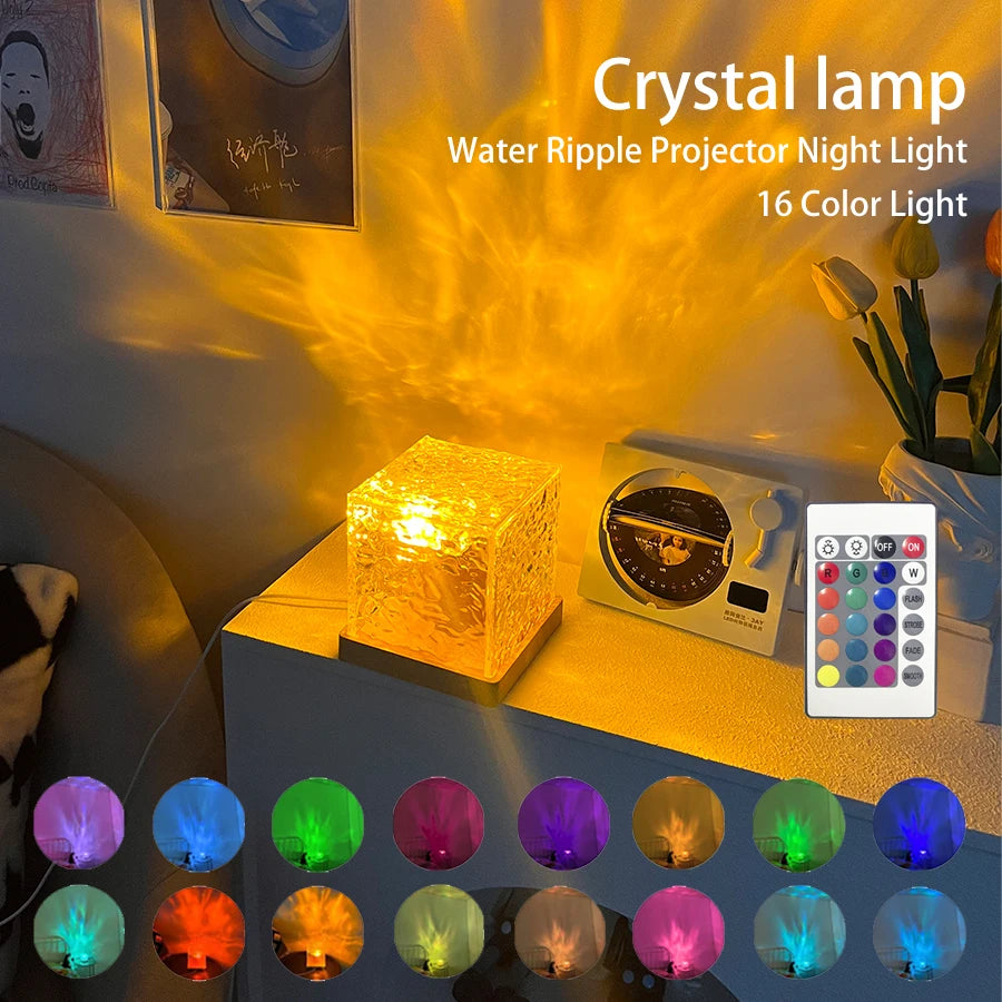 Earthly Ello Crystal Lamp & Dynamic Rotating Water Ripple Projector Night Light - 16 Colors