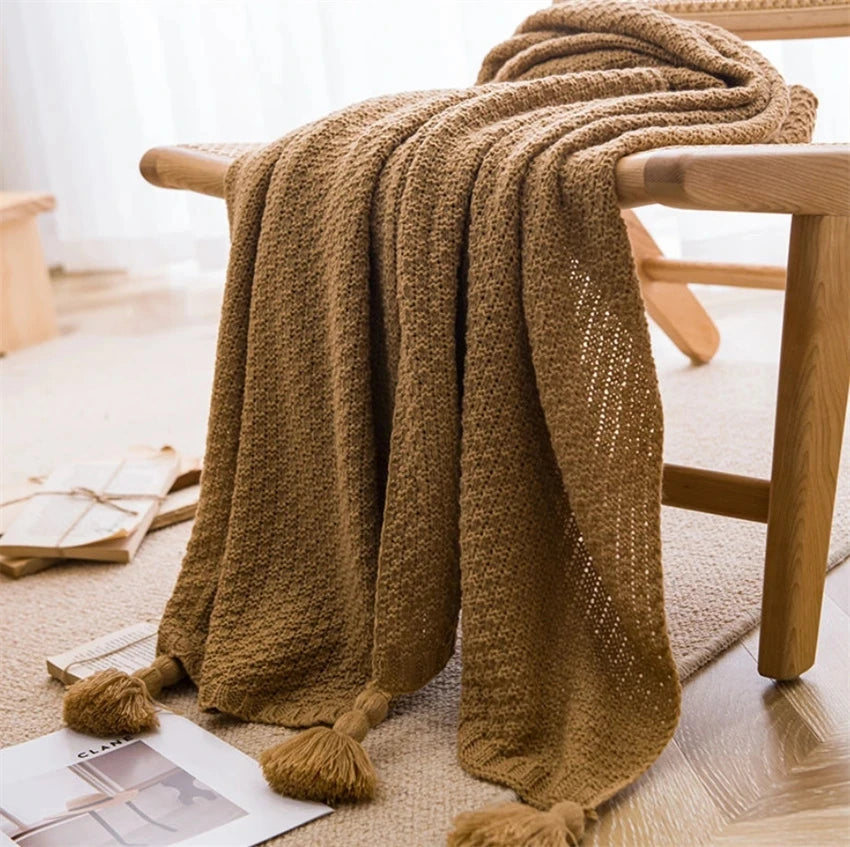 Earthly Ello Boho Waffle Knitted Throw Blanket with Tassel