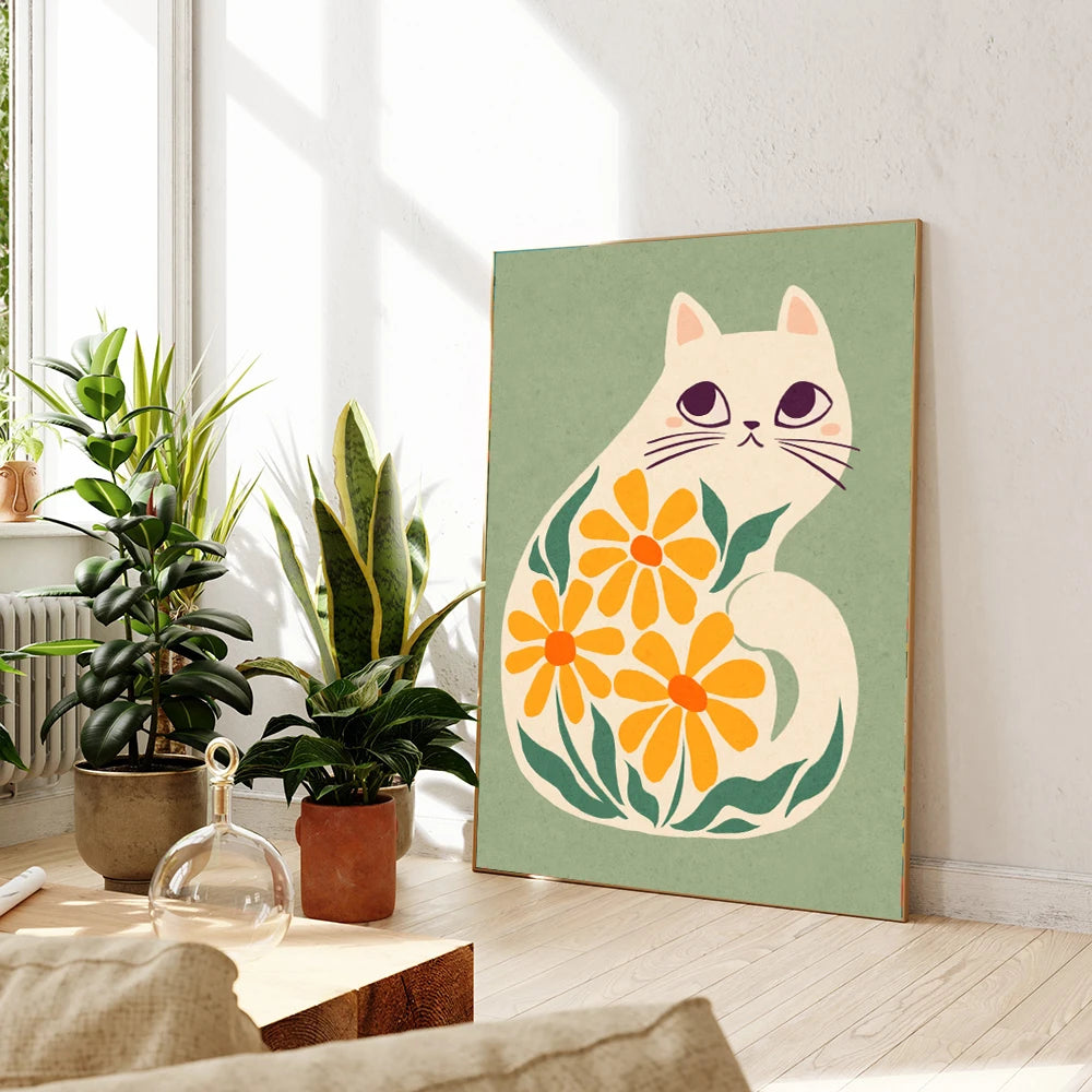 Earthly Ello Boho Cat Illustration Art Canvas Poster Prints