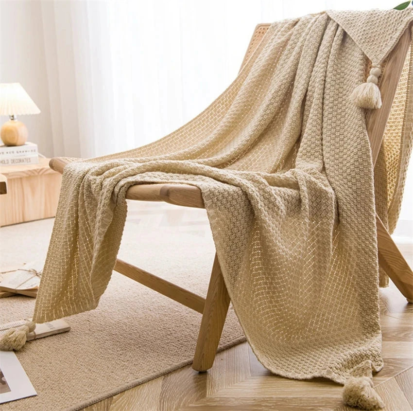 Earthly Ello Boho Waffle Knitted Throw Blanket with Tassel