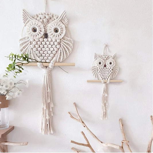 Earthly Ello Boho Handmade Woven Owl Macrame Hanging Wall Tapestry