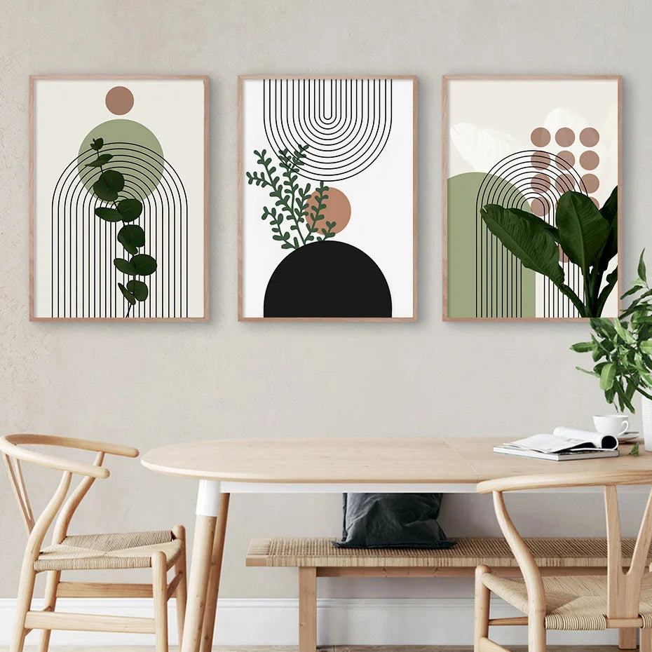 Earthly Ello Boho Abstract Green Plants Leaf Sun Wall Art Canvas Poster Prints - 3pcs