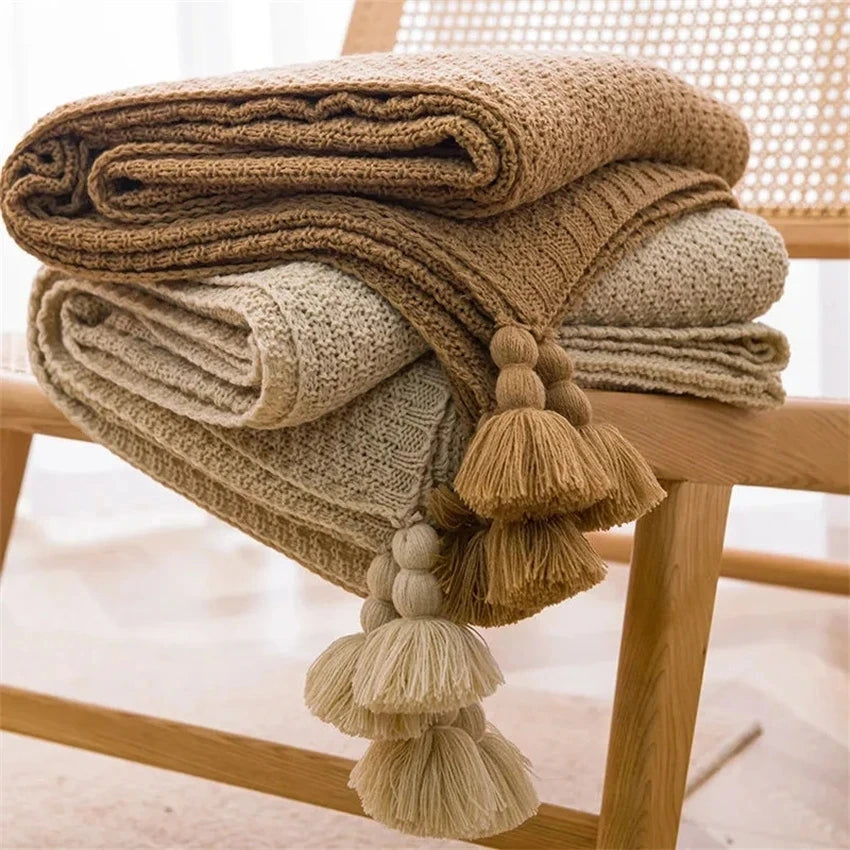 Earthly Ello Boho Waffle Knitted Throw Blanket with Tassel