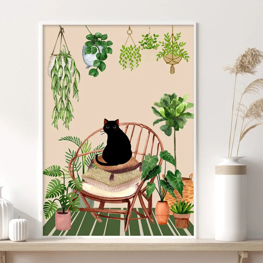 Earthly Ello Boho Abstract Green Plants Black Cat Wall Art Canvas Poster Prints