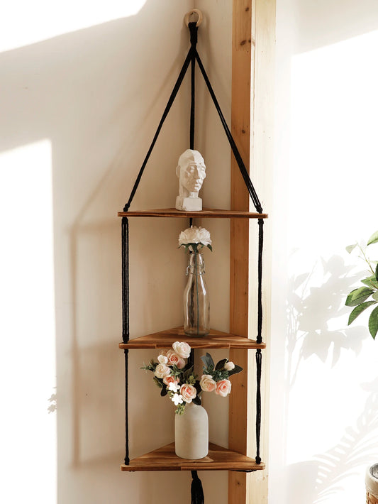 Earthly Ello Boho Wooden Corner Macrame Floating Shelf