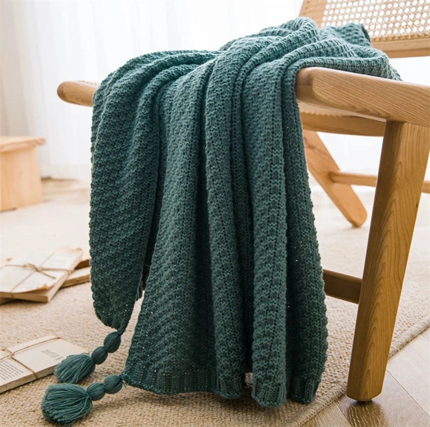 Earthly Ello Boho Waffle Knitted Throw Blanket with Tassel